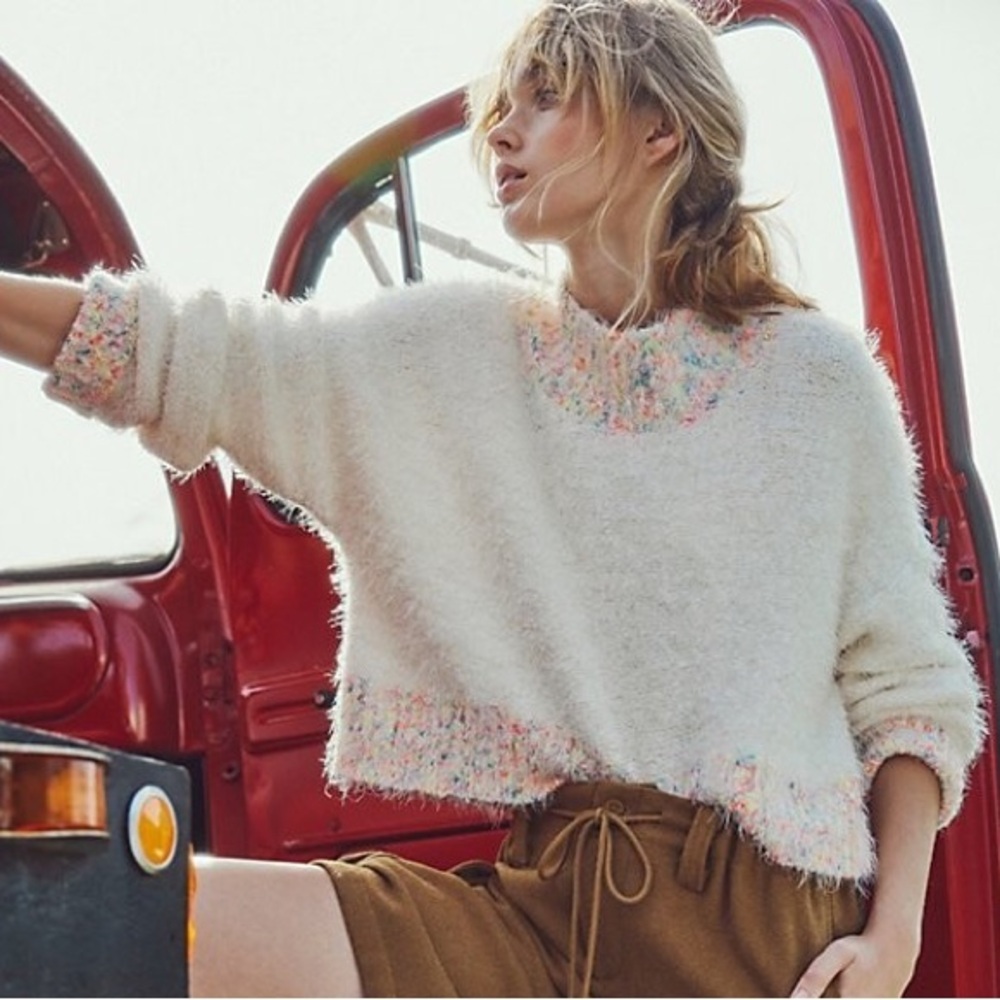 Free People Cream Multicolor Crew Neck Sweater